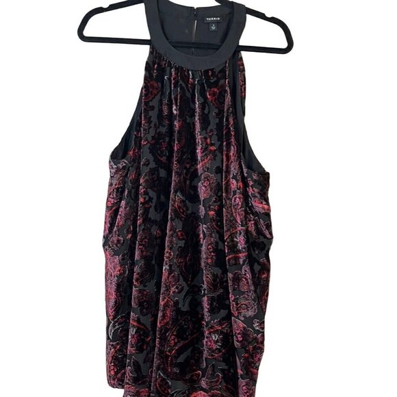 Torrid Top Women 3X Black Halter Pullover Sleeveless Red Floral Burnout Velvet - Picture 2 of 14